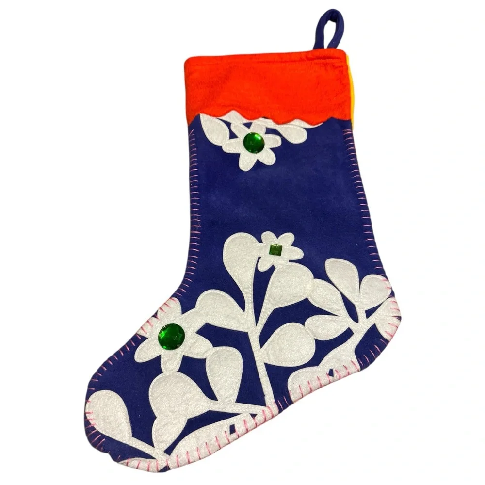 Old Navy Christmas Stocking Rhinestones Purple Orange Felt Floral Design 18